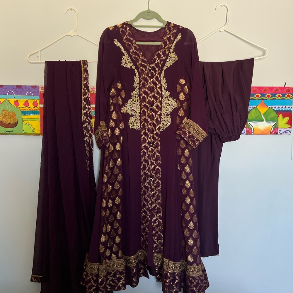 Plum Anarkali Dress with Gold Accents